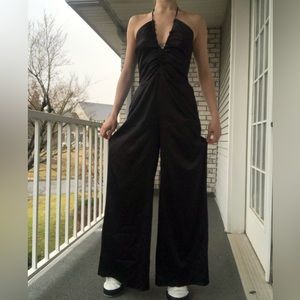 Satin halter jump suit with cinch v neck